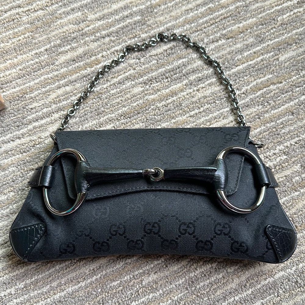 Gucci GG Monogram Black Canvas Horsebit Pochette